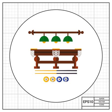 Billiard table, lamps above it, cues and balls. Game, competition, leisure. Billiard club concept. Can be used for topics like billiard, sport, gambling.のイラスト素材