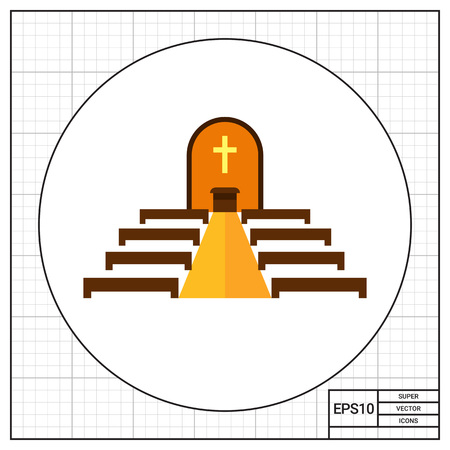 Multicolored vector icon of Catholic church interior with altar and bench rowsのイラスト素材