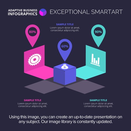 Three step cube diagram. Element of presentation, chart, diagram with cube. Concept for business templates, layout, reports. Can be used for topics like business strategy, planning, marketing analysisのイラスト素材