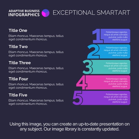 Five points diagram. Element of presentation, stairs diagram, chart. Concept for infographics, business templates, reports. Can be used for topics like marketing analysis, strategy, planningのイラスト素材