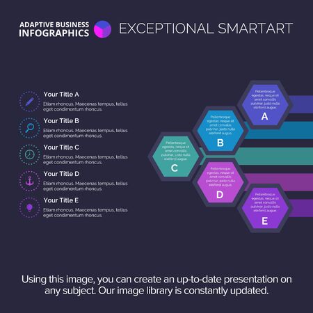 Five steps hexagon diagram. Element of presentation, step diagram, chart. Concept for business infographics, templates, reports. Can be used for topics like strategy, planning, marketing analysisのイラスト素材