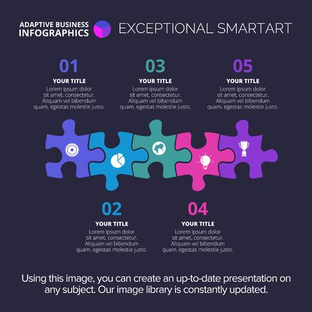 Flowchart with five puzzle elements. Abstract element of presentation, step diagram, chart. Concept for business infographics, templates, reports. Can be used for topics like strategy, planning, marketing analysisのイラスト素材