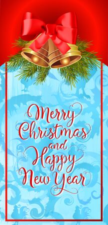 Merry Christmas and Happy New Year lettering in frame. Christmas greeting card with bells and fir tree twigs. Handwritten text, calligraphy. For greeting cards, posters, leaflets and brochures.のイラスト素材