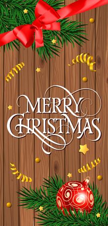 Merry Christmas lettering on wood planks. Christmas greeting card with wrapping ribbons and streamers. Typed text. For greeting cards, posters, leaflets and brochures.のイラスト素材