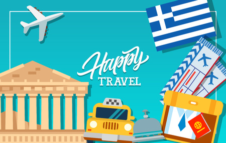 Happy travel frame with Greece flag, tickets, Parthenon, luggage and reception bell. Design element for greeting cards, postcards, invitations, ads, covers, notes.のイラスト素材