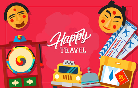 Happy travel lettering with Japanese masks, tickets, luggage, taxi and reception bell. Design element for greeting cards, postcards, invitations, ads, covers, notes.のイラスト素材