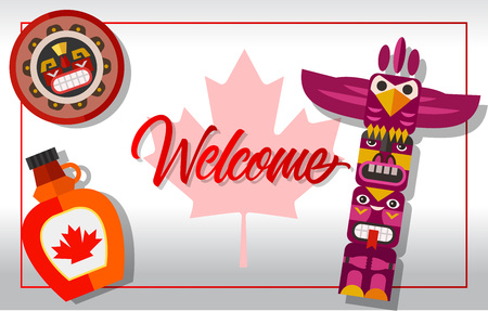 Welcome lettering with maple syrup, totem pole and maple leaf silhouette. Design element for greeting cards, postcards, invitations, ads, covers, notes.のイラスト素材