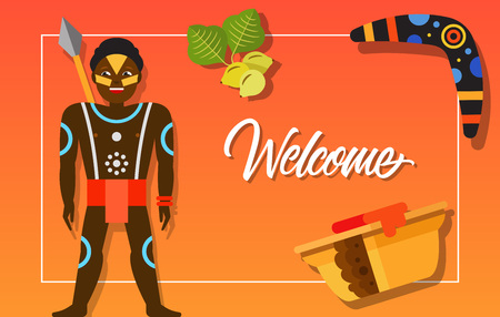 Welcome frame with aborigine, boomerang and exotic fruit. Design element for greeting cards, postcards, invitations, ads, covers, notes.のイラスト素材