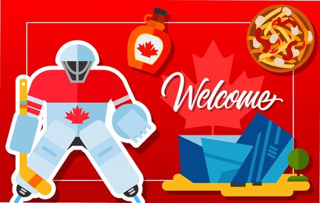 Welcome frame with Canadian hockey player, maple syrup, Michael Lee-Chin Crystal and poutine. Design element for greeting cards, postcards, invitations, ads, covers, notes.のイラスト素材