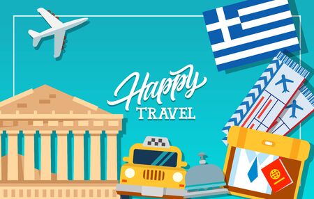 Happy travel frame with Greece flag, tickets, Parthenon, luggage and reception bell. Design element for greeting cards, postcards, invitations, ads, covers, notes.のイラスト素材