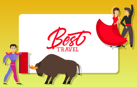 Best travel lettering. Couple dancing flamenco. Matador fighting against bull. Handwritten text, calligraphy for greeting cards, posters, leaflets and bannerのイラスト素材