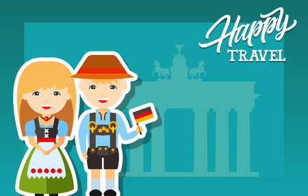 Happy travel lettering. Greeting card with Brandenburg gate and German couple in national dress. Handwritten text, calligraphy. Can be used for greeting cards, posters, leaflets and brochureのイラスト素材