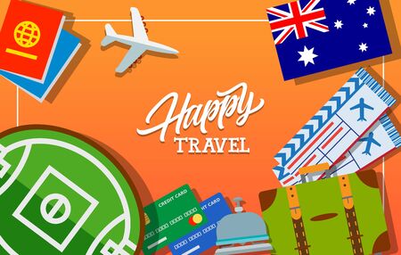 Happy travel lettering. Flag of Australia, flight tickets, suitcase, plane, passports, credit cards, room service bell, football field. Handwritten text, calligraphy for posters, leaflets and bannerのイラスト素材