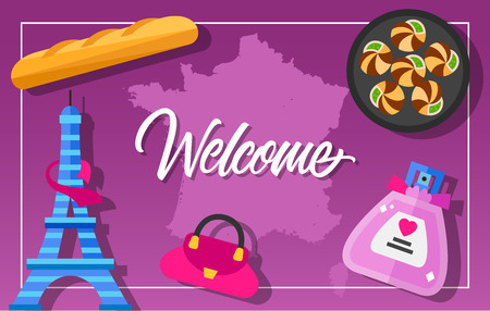 Welcome lettering. Touristic greeting card with French map, Eiffel Tower, baguette, bag, perfume, escargot. Handwritten text. Can be used for greeting cards, posters, leaflets and brochureのイラスト素材