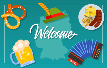 Welcome lettering. Touristic greeting card with German map, pretzel, beer, Tirol hat, accordion, sausages and sauerkraut. Handwritten text. Can be used for greeting cards, posters, leaflets, brochureのイラスト素材