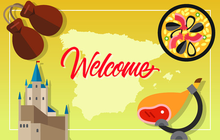 Welcome lettering. Spain. National dish, castanets, jamon, paella, Alcazar of Segovia, Spain map silhouette. Handwritten text, calligraphy for greeting cards, posters, leaflets and bannerのイラスト素材