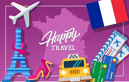 Happy travel lettering. Touristic greeting card with French map, flag, Eiffel Tower, tickets, credit cards, taxi, accessories, airplane. Handwritten text. Can be used for greeting cards and postersのイラスト素材