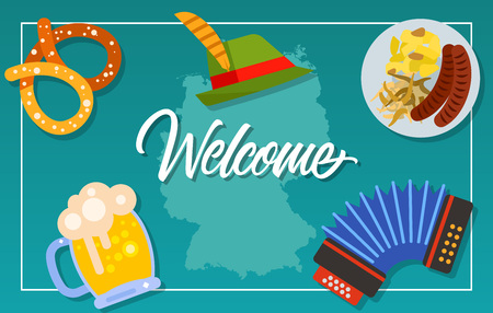Welcome lettering. Touristic greeting card with German map, pretzel, beer, Tirol hat, accordion, sausages and sauerkraut. Handwritten text. Can be used for greeting cards, posters, leaflets, brochureのイラスト素材