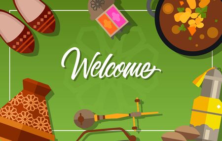 Welcome lettering. Touristic greeting card with Moroccan shoes, glass lantern, harira soup, rebab, tajine, argan oil. Handwritten text. Can be used for greeting cards, posters, leaflets and brochureのイラスト素材