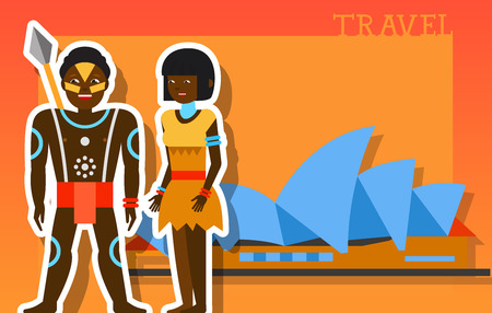 Travel lettering. Native indigenous Australian couple with weapon standing near Sydney opera house. Handwritten text, calligraphy for greeting cards, posters, leaflets and bannerのイラスト素材