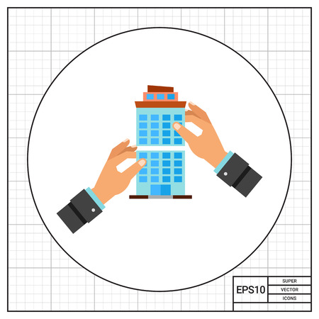 Two hands connecting two pieces of building. Company, takeover, acquisition. Company merger concept. Can be used for topics like building, business, finance.のイラスト素材