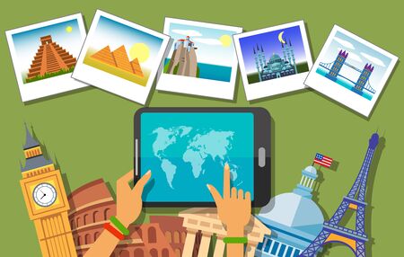 Amazing world poster design. Female hands holding tablet with world map on screen. Big Ben, Eiffel Tower, Parthenon, Colosseum, Capitol and photos. Design elements for postcards, banners, postersのイラスト素材