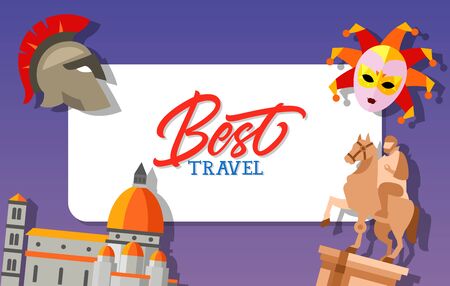 Best travel lettering. Best travel inscription with Statue of Marc Aurelius, Santa Maria del Fiore, legionnaire helmet, Venetian carnival mask. Design elements can be used for postcard, banner, posterのイラスト素材