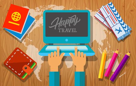 Happy travel lettering on laptop screen. Passport, tickets, pencils and wallet on wooden background with world map silhouette. Design elements can be used for postcards, banners, postersのイラスト素材
