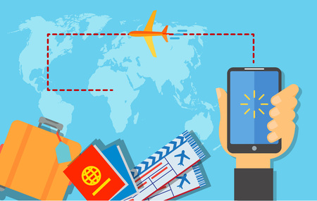 Booking air tickets online poster design. Hand holding smartphone with mobile app for booking tickets. Suitcase, passport, tickets, airplane. Design elements can be used for posters, leaflets, bannersのイラスト素材