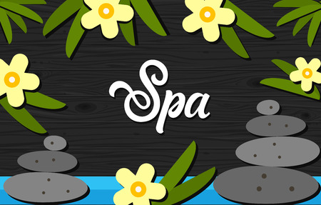 Spa lettering. Spa calligraphic inscription decorated with exotic flowers and wellness stone. Handwritten text with design elements can be used for flyers, banners, postersのイラスト素材