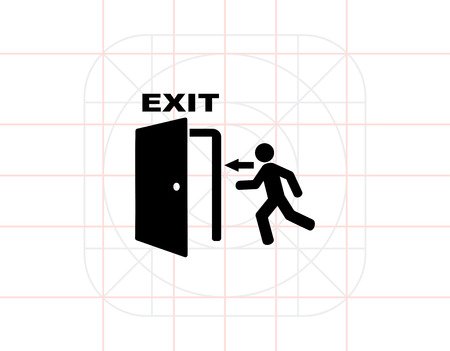 Monochrome vector icon of man running into open door representing emergency exitのイラスト素材