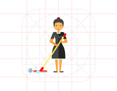 Smiling woman holding mop. Domestic, wet, bubble. Cleaning concept. Can be used for topics like housekeeping, cleaning, marketing.のイラスト素材