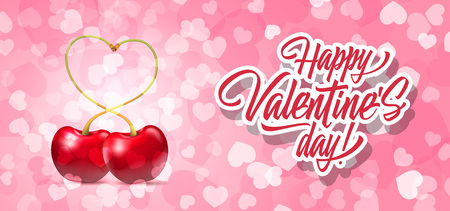 Happy Valentine Day lettering and cherries with heart-shaped stems on heart background. Valentines day, love, romance. Handwritten text, calligraphy. Can be used for greeting cards, posters, leafletsのイラスト素材