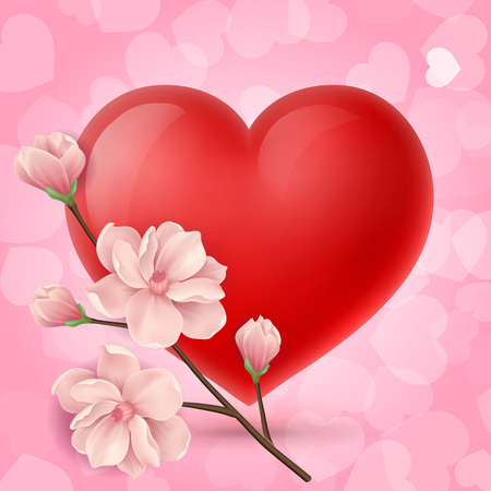 Big red heart, pink hearts pattern in background and twig with flowers. Saint Valentines Day design element. For greeting cards, posters, leaflets and brochures.のイラスト素材