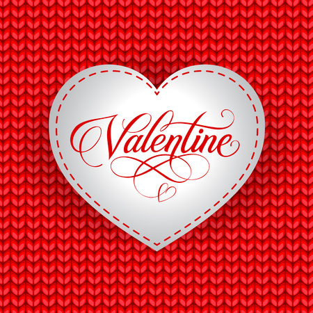 Valentine lettering in heart. Saint Valentines Day greeting card with knitted pattern. Handwritten text, calligraphy. For greeting cards, posters, leaflets and brochures.のイラスト素材