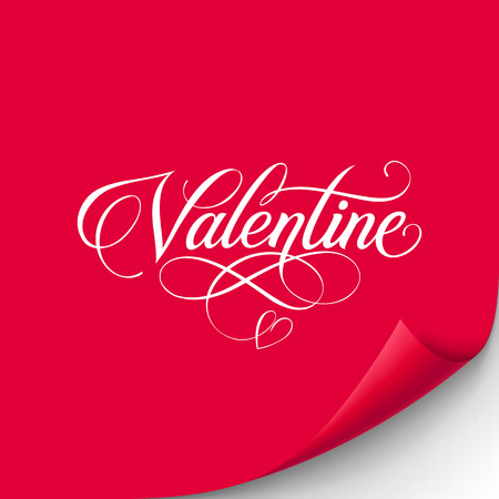 Valentine lettering with swirl elements on red background with curled corner. Valentines day, love, romance. Handwritten text, calligraphy. Can be used for greeting cards, posters, leafletsの写真素材