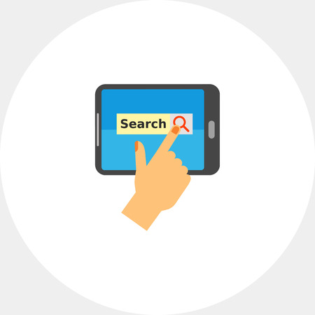 Icon of human hand using digital tablet to search. Marketing, Internet, optimization. Business concept.Seo concept. Can be used for topics like internet optimization, seo, development or marketingのイラスト素材