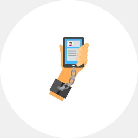 Icon of human hand chained with smartphone. Social networking, addiction, virtual communication. Technology concept. Can be used for topics like technology, modern life or social networkingのイラスト素材