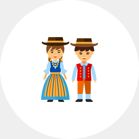 Vector icon of Swiss couple in national dress. Traditional clothing, Swiss people, Swiss culture. Switzerland concept. Can be used for topics like nation, tourism, geographyのイラスト素材