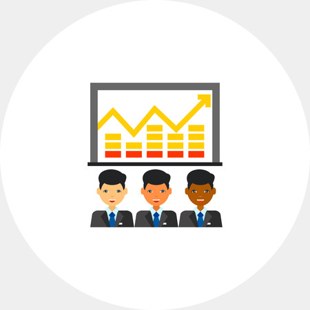 Three multinational men with graph above showing growth. Progress, cooperation, partnership. Team efficiency concept. Can be used for topics like business, management, banking, finance.のイラスト素材