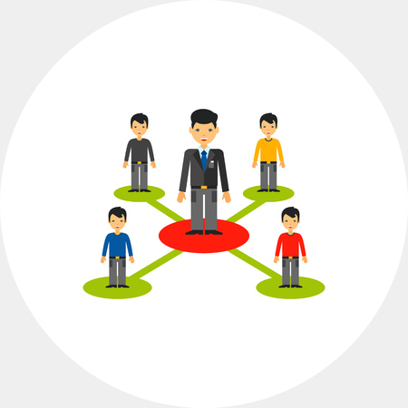 Four men standing around another man rising above them and connected with them. Leadership, hierarchy, teamwork. Team project concept. Can be used for topics like business, management, banking.のイラスト素材