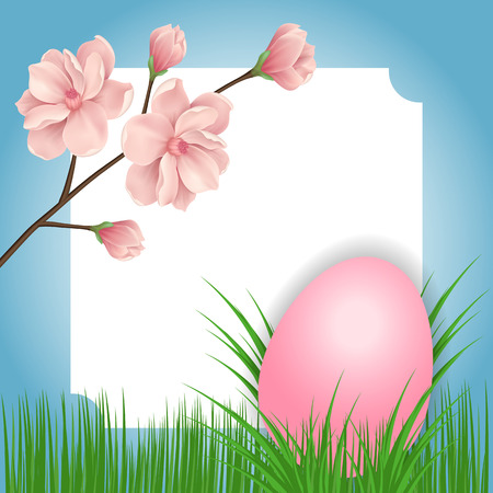 Easter greeting card with frame, egg and blooming tree twig. For greeting cards, posters, leaflets and brochures.のイラスト素材