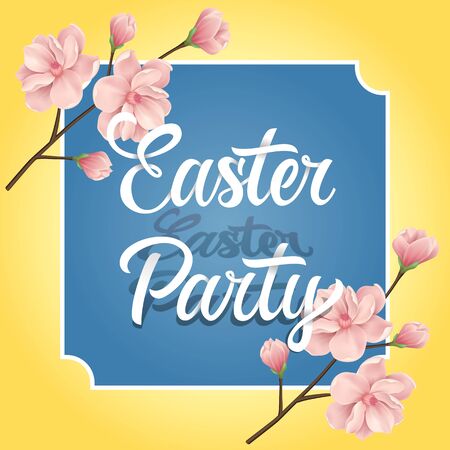 Easter Party lettering in figured frame. Easter invitation with blooming tree twigs. Handwritten text, calligraphy. For greeting cards, posters, leaflets and brochures.のイラスト素材