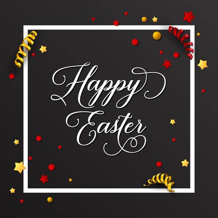 Happy Easter lettering in frame. Easter greeting card with streamers and confetti. Handwritten text, calligraphy. For greeting cards, posters, leaflets and brochures.のイラスト素材
