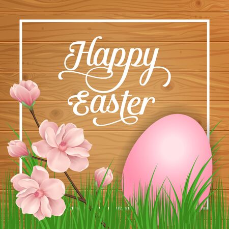 Happy Easter lettering in frame. Easter greeting card with egg, grass and blooming tree twig. Handwritten text, calligraphy. For greeting cards, posters, leaflets and brochures.のイラスト素材