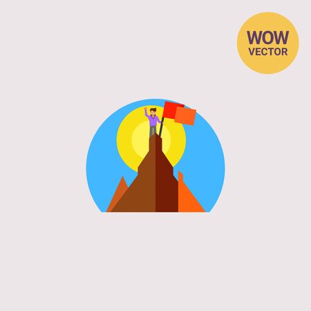 Man standing on mountain top and holding flag with sun in background. Success, challenge, goal. Achievement concept. Can be used for topics like management, finance, geography, business.のイラスト素材