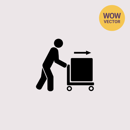 Person pushing trolley cart with box. Carriage, cargo, transportation. Carriage concept. Can be used for transportation, delivery, carriageのイラスト素材