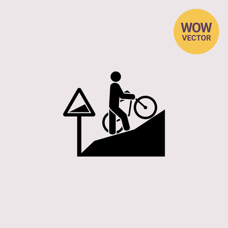 Man walking uphill and pushing bicycle. Tired, difficult, steep. Uphill concept. Can be used for topics like sport, lifestyle, bicycling.のイラスト素材