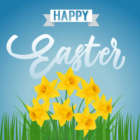 Happy Easter lettering with flowersのイラスト素材