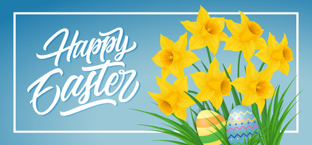 Happy Easter postcard with flowers and eggsのイラスト素材